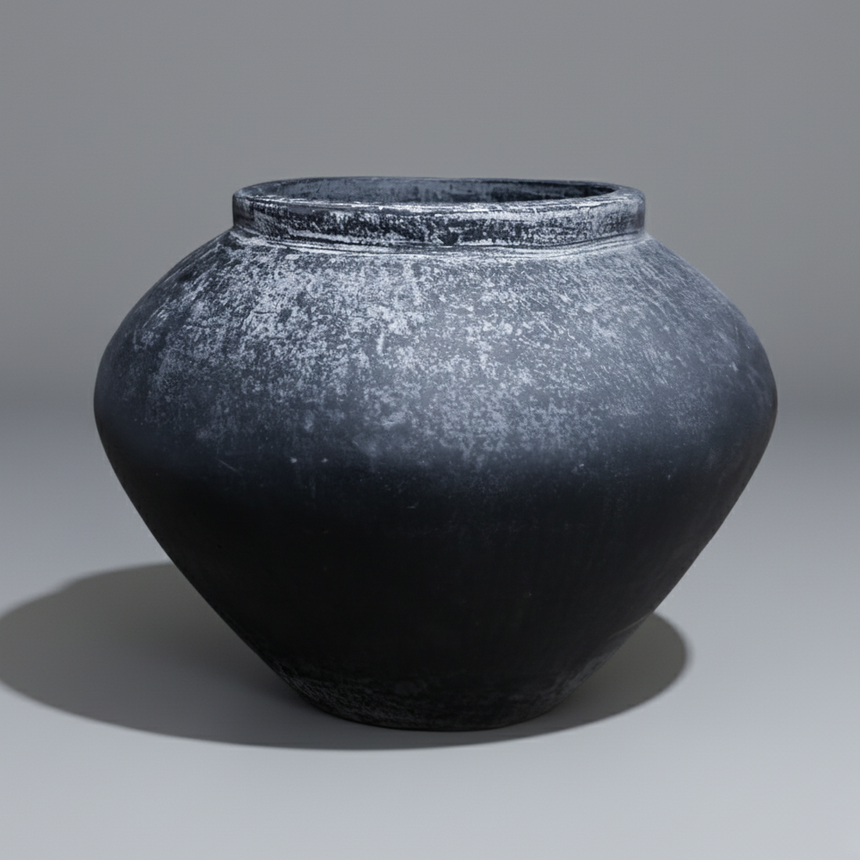Black textured vase on a gray background