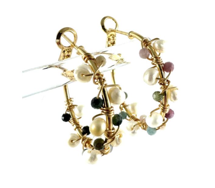 Natural Toulmarine & Pearl Hoop Earrings