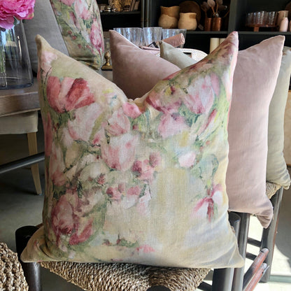 The Magnolia Floral Limone Linen Cushion celebrates the beauty of Spring with its vibrant pink magnolia flowers on a 100% linen background. An ideal addition to any home, this cushion is perfect for bringing life and style to any room. Comes complete with a luxurious feather filled insert.