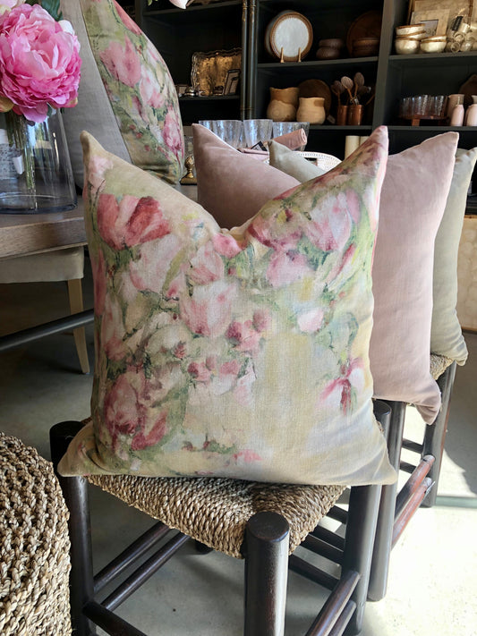 The Magnolia Floral Limone Linen Cushion celebrates the beauty of Spring with its vibrant pink magnolia flowers on a 100% linen background. An ideal addition to any home, this cushion is perfect for bringing life and style to any room. Comes complete with a luxurious feather filled insert.