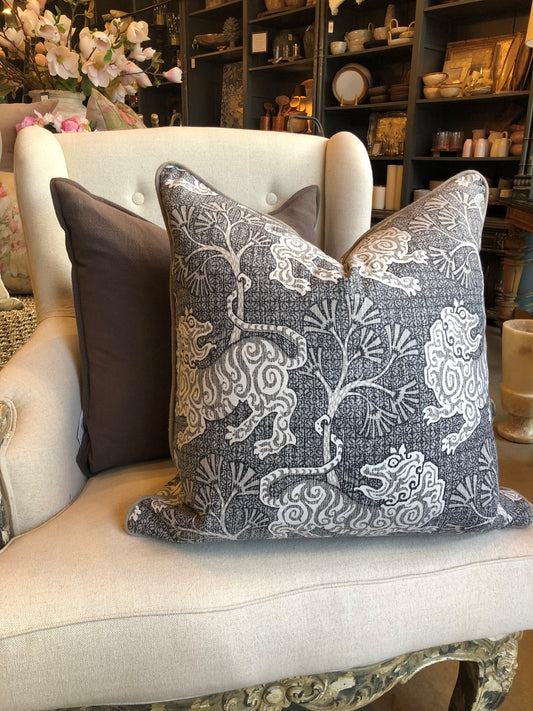 Heavyweight fabric from such a renowned fabric house makes this P Kaufmann Brown Lion Patterned Cushion a sophisticated and graceful addition to any home decor. Vibrant lions grace the dark background for a timeless allure, with a luxurious feather insert included.