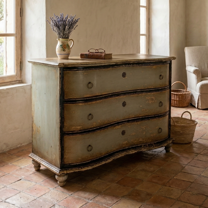 Vintage-style dresser in a rustic room with large windows and a textured wall.