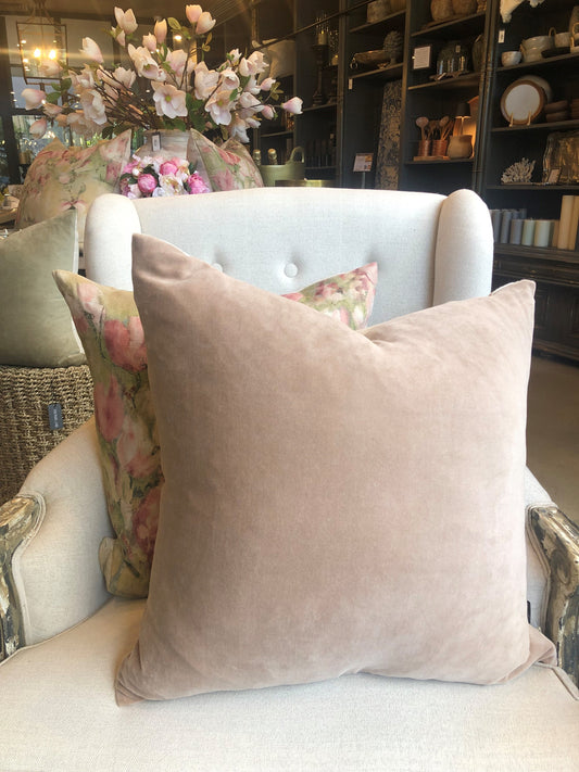 The luxurious Fontainebleau Cotton Velvet &amp; French Linen Reversible Nude Pink Cushion features high quality plain cotton short pile velvet and a natural 100% flax French Linen on the reverse.