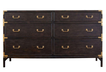 A dark brown wooden six-drawer dresser with brass hardware and corner guards, shown against a plain white background.
