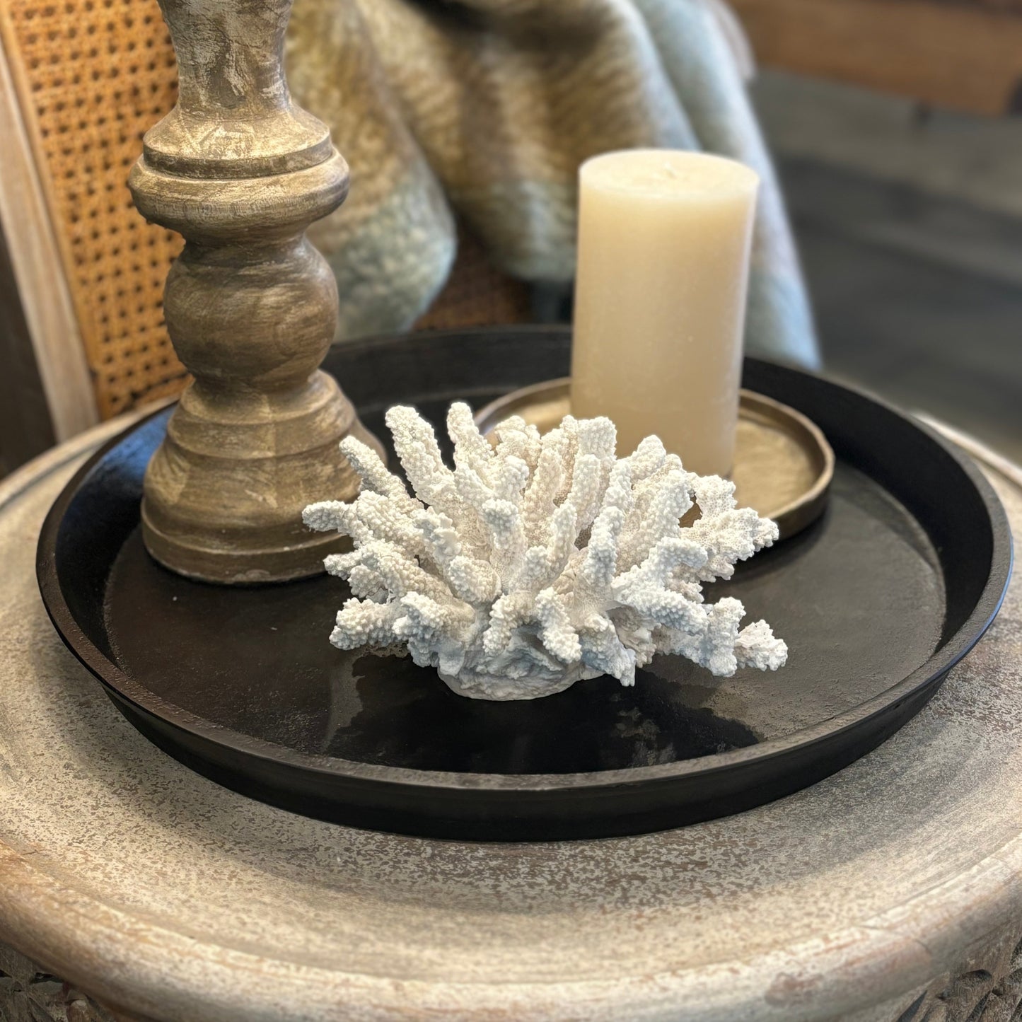 Our White Sea Coral Sculpture is perfect for any home. Crafted with polyresin for maximum durability, the stunning piece features intricate folds and varied textures, evoking the beauty of the ocean even when inside. The sculpture is easy to clean with a soft cloth for a long-lasting, realistic art piece. Styled detail.