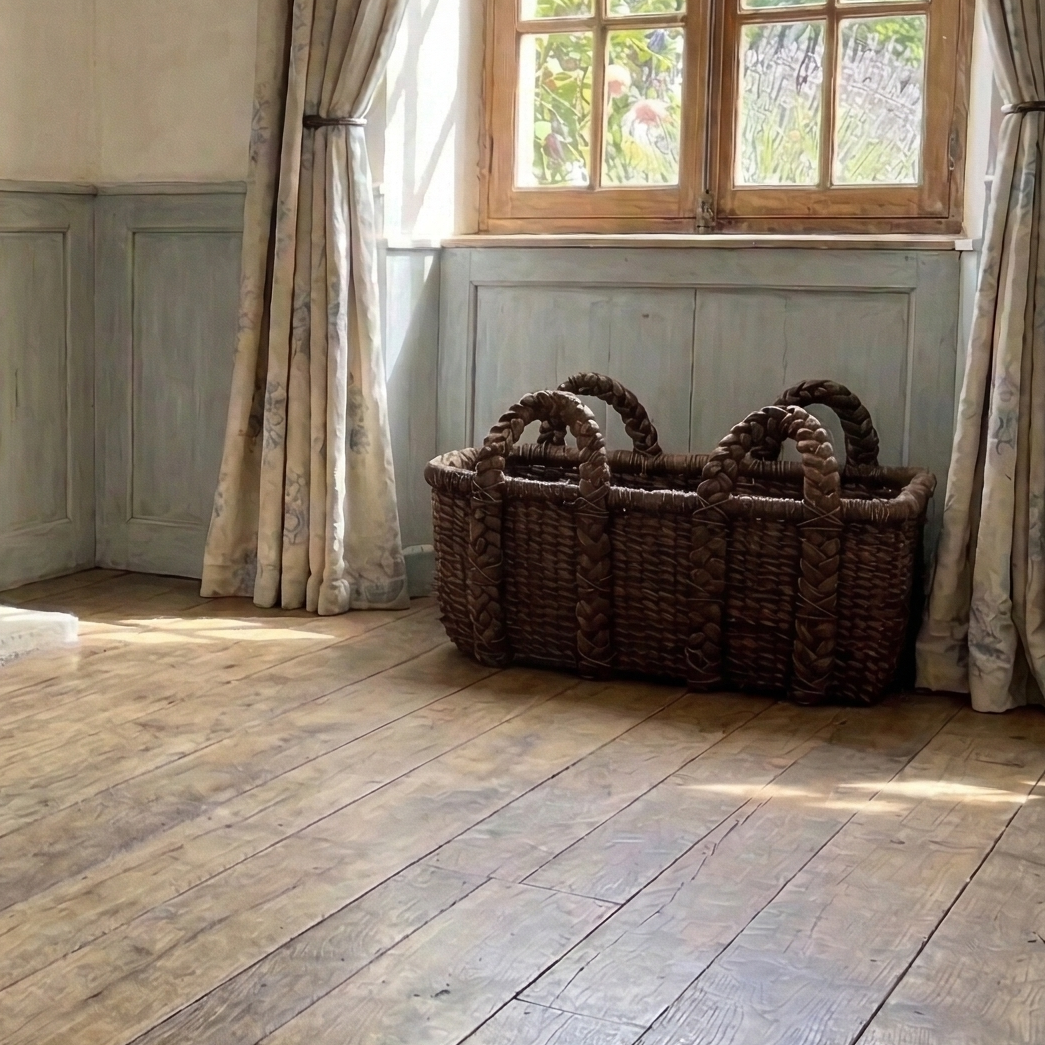 Cozy room with a basket, wooden floor, and large window.