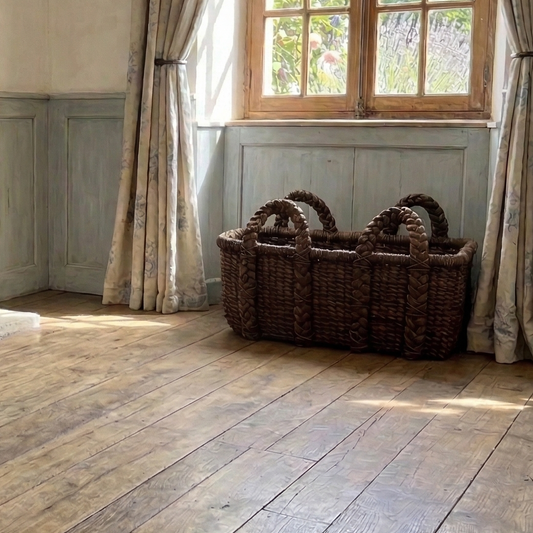 Cozy room with a basket, wooden floor, and large window.