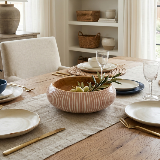 Dining table set with plates, bowls, and glasses in a bright room with shelves and windows.