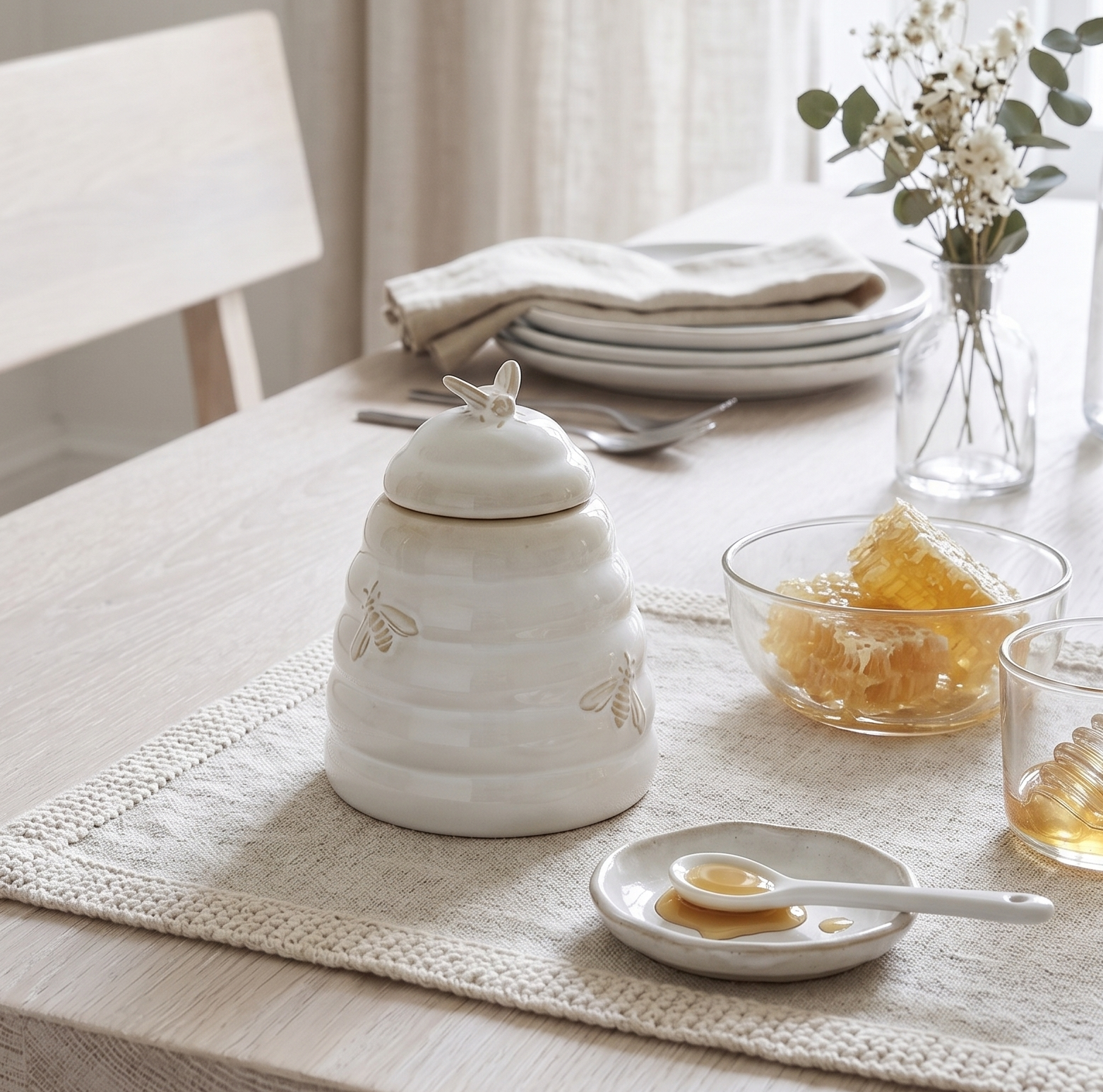White ceramic jar on a table with honey and utensils, natural light setting