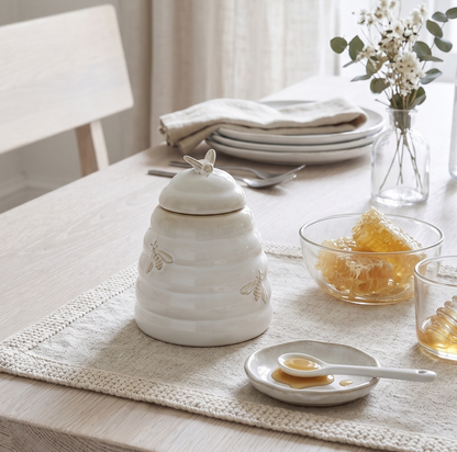 White ceramic jar on a table with honey and utensils, natural light setting
