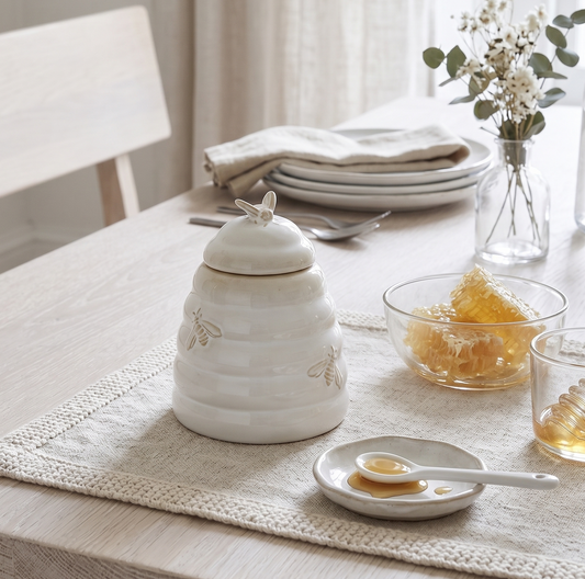 White ceramic jar on a table with honey and utensils, natural light setting