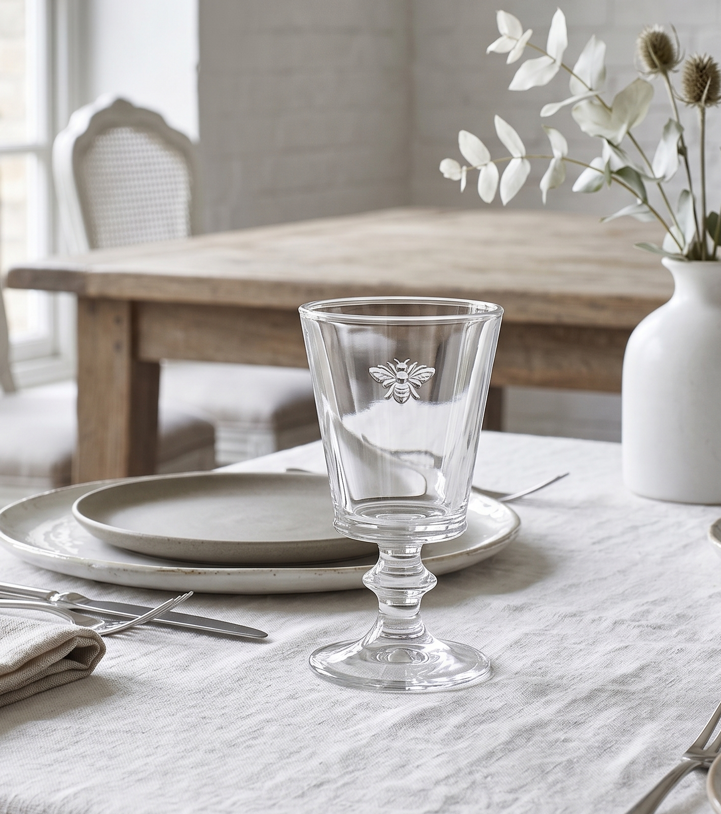 Dining table setting with a bee wine & water glass