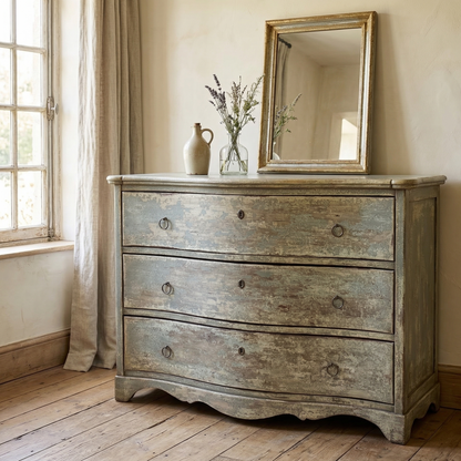 Vintage-style wooden dresser with a mirror and vase in a room with wooden floor and window.