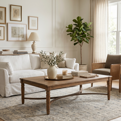 Living room with white sofa, wooden coffee table, and decorative elements.