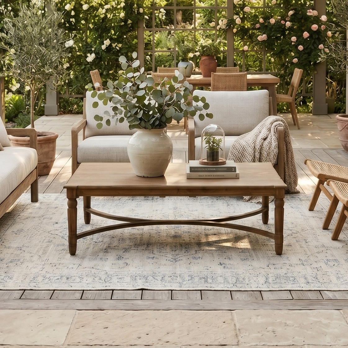 Outdoor patio with wooden furniture, potted plants, and a floral archway.