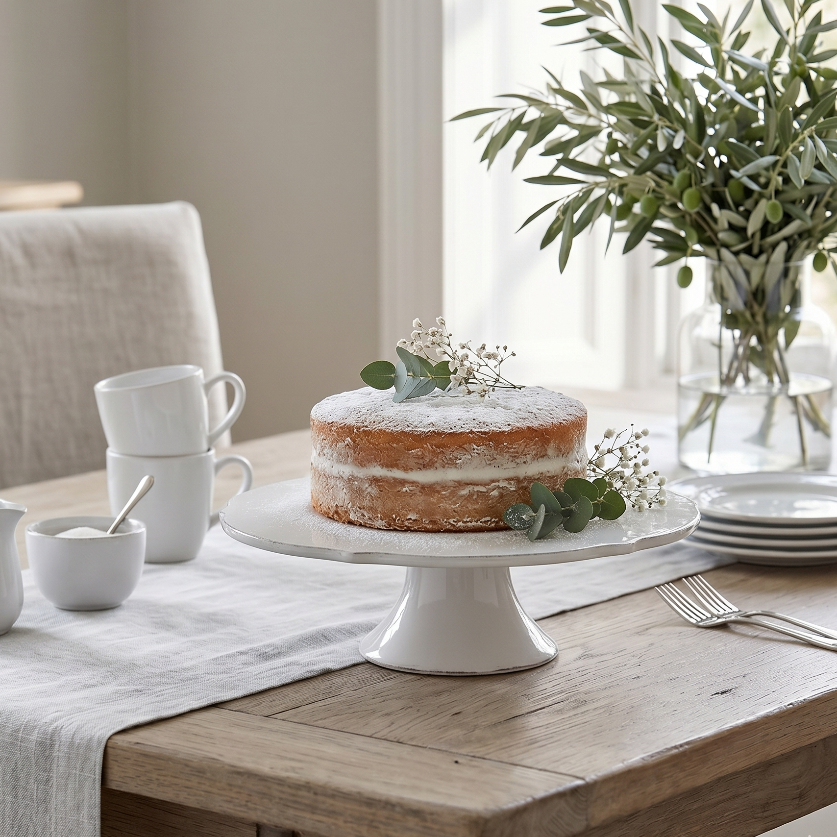 Wooden table set with a cake, cups, and a vase of flowers in a bright room.