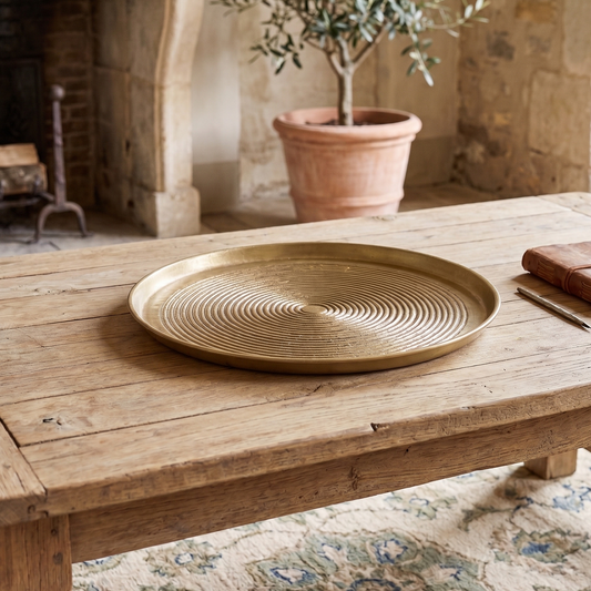 Wooden table with a decorative tray in a rustic room with a fireplace and potted plant.
