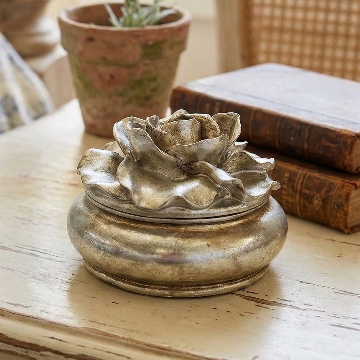 Decorative metal flower on a wooden table with books and a plant in the background