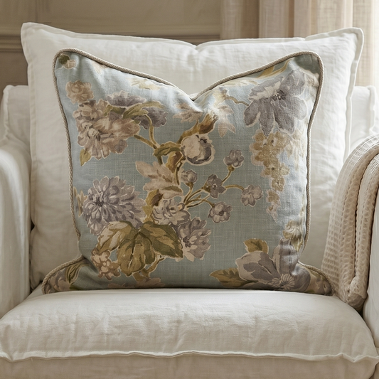 Beige armchair with a floral-patterned pillow in a cozy room.