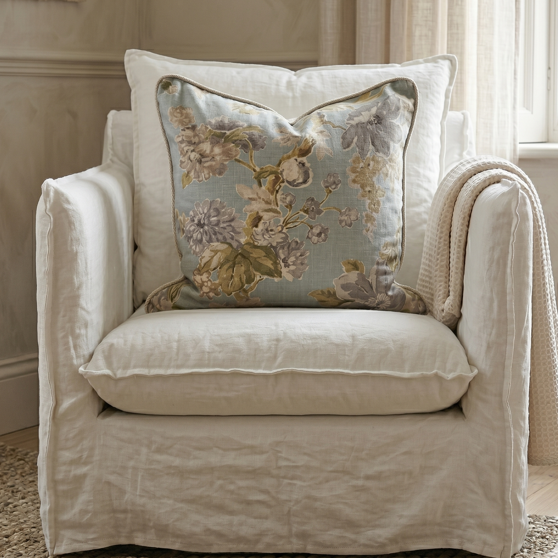 Beige armchair with a floral-patterned pillow in a cozy room.