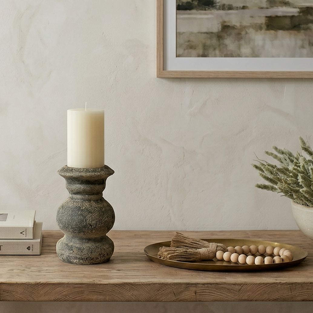 Wooden table with decor items in a room with a neutral color scheme