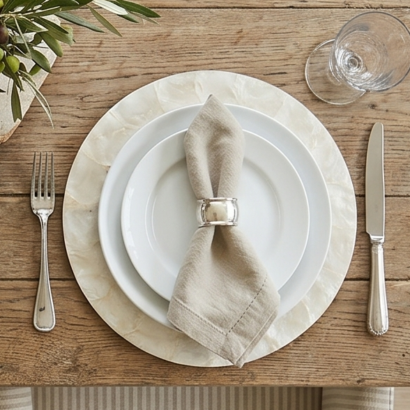 Dining table set with plates, silverware, and a centerpiece in a bright room.