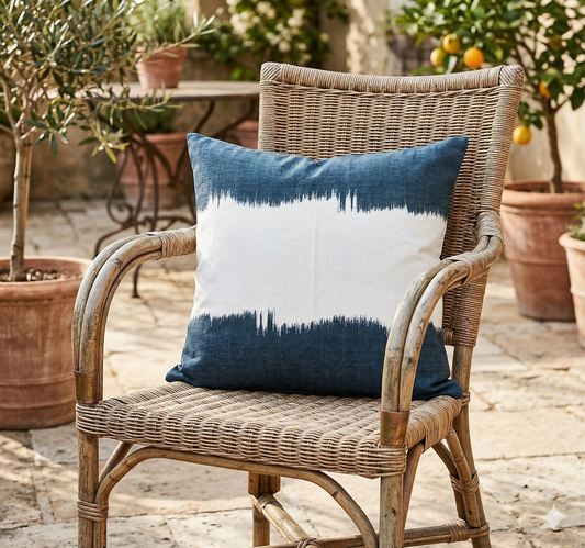 Wicker chair with a blue and white pillow in an outdoor setting