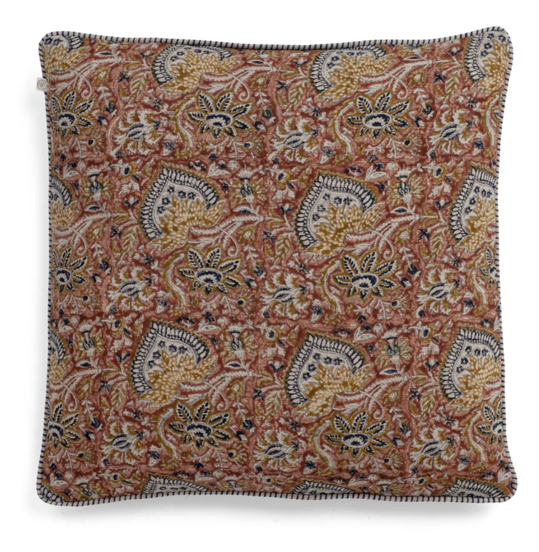 Oriental Mustard Block Printed Linen Cushion 50cm x 50cm