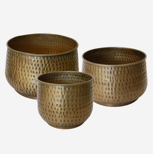 Small planter with a hammered antique brass finish, crafted from lightweight aluminium—perfect for enhancing décor or showcasing favourite plants