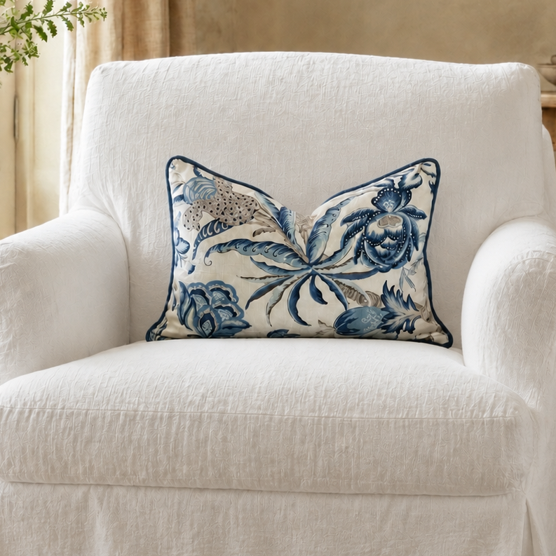 A white slipcovered armchair in a warm, neutral-toned room, styled with a decorative blue and beige floral throw pillow.