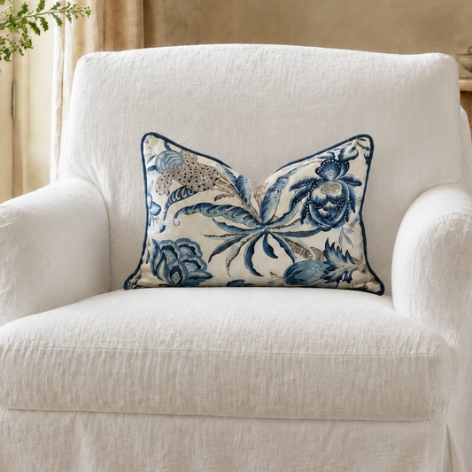 A white slipcovered armchair in a warm, neutral-toned room, styled with a decorative blue and beige floral throw pillow.