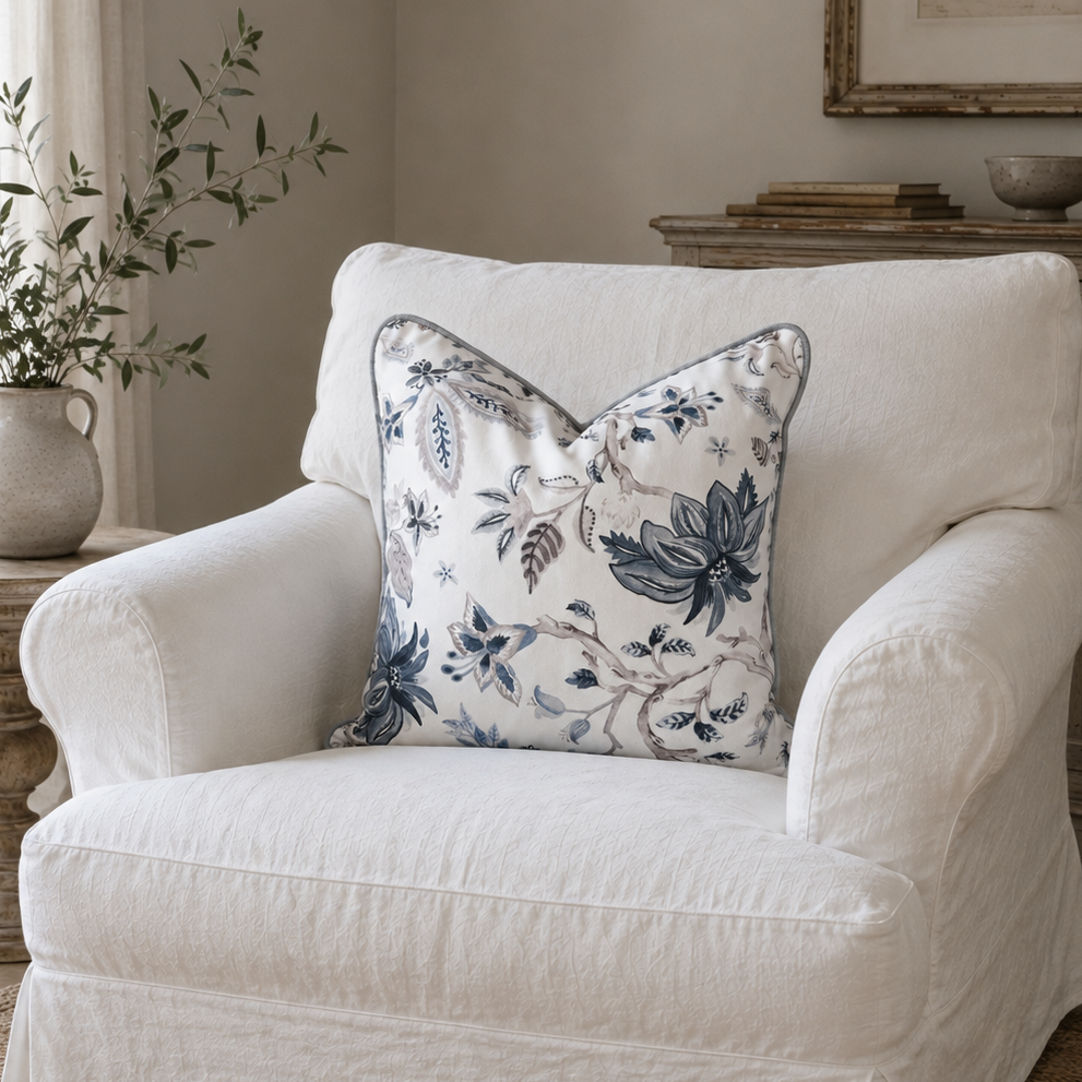A white slipcovered armchair in a styled living room setting, featuring a decorative throw pillow with a blue and white floral pattern.