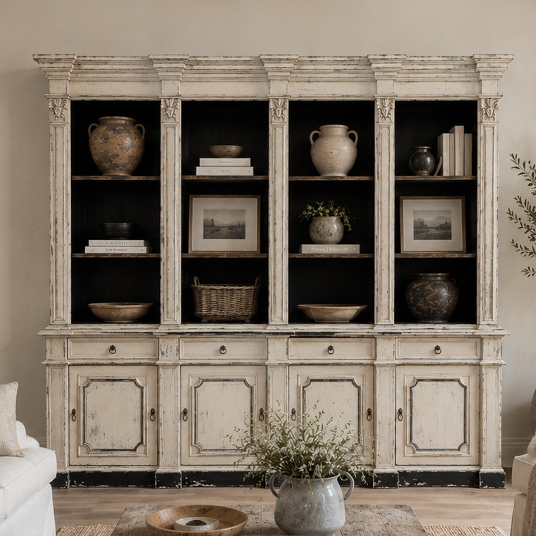 A large distressed white wood hutch with open shelves and cabinet doors stands in a bright, neutral-toned living room. The room features a white sofa, a rustic wooden coffee table, a white armchair, and a jute rug, with a potted olive tree on the right.