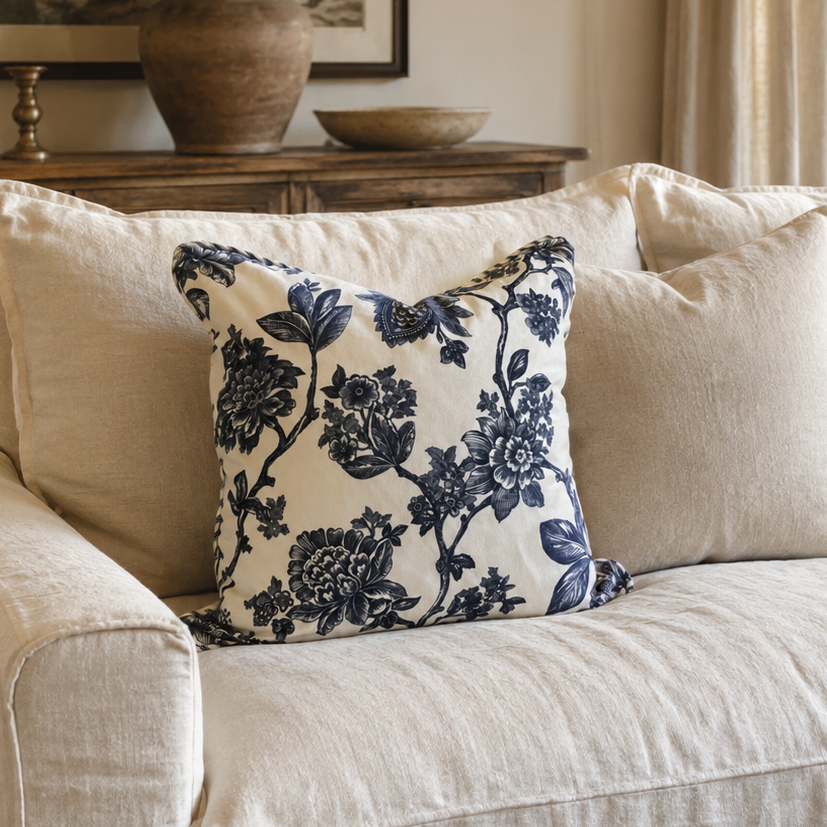 A cream-colored linen slipcovered sofa in a warm, rustic living room setting, styled with a decorative throw pillow featuring a navy blue floral toile pattern on a cream background.