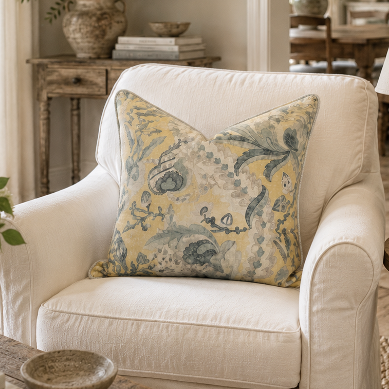 A cream-colored slipcovered armchair in a bright, traditional living room, styled with a square throw pillow featuring a blue and yellow botanical pattern.