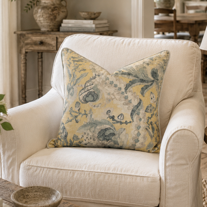 A cream-colored slipcovered armchair in a bright, traditional living room, styled with a square throw pillow featuring a blue and yellow botanical pattern.