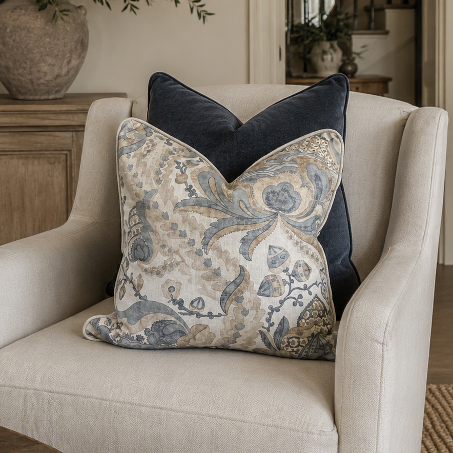 A styled interior scene showing a cream upholstered armchair with two decorative throw pillows, one patterned in beige and blue-gray and one solid dark navy, set in a warm, elegant room with a sideboard, wall sconce, and staircase in the background.