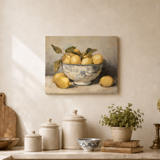 A framed still life painting of lemons in a blue-and-white bowl hangs on a beige kitchen wall above a marble countertop styled with canisters, plants, and wooden cutting boards.