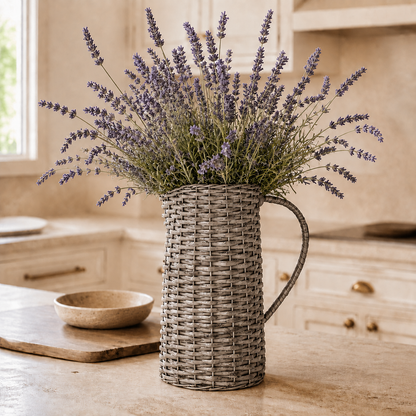 A rustic gray woven wicker pitcher vase filled with dried lavender stems, set on a beige kitchen countertop with a wooden cutting board and bowl nearby.