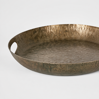 Lucca Round Hammered Bronze Tray With Handles - Small