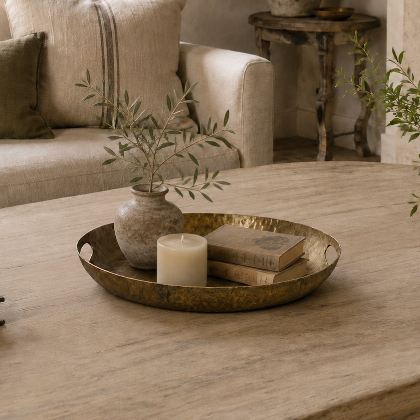 A styled living room scene featuring a light beige upholstered sofa with matching pillows, a rustic wooden coffee table, a brass tray with a candle and books, and potted plants near a stone fireplace.