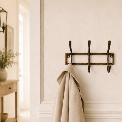 A rustic three-hook wall coat rack in a dark bronze finish, mounted on a cream-colored wall with decorative molding. A light beige wool coat is hanging from the center hook.