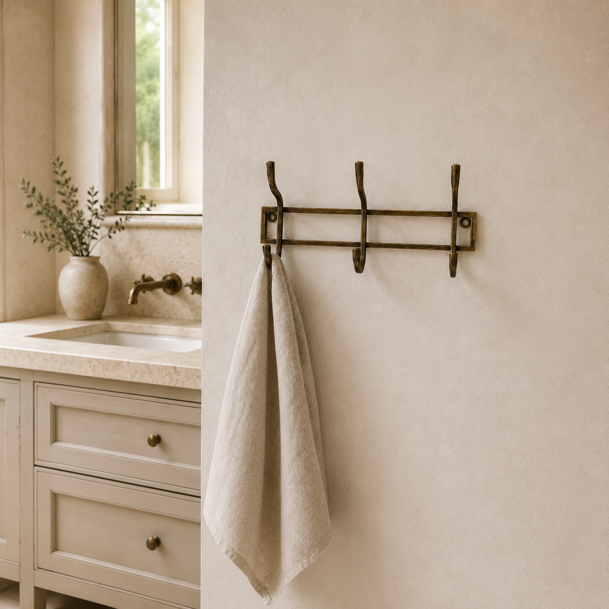 A three-hook wall towel rack in an antique bronze finish mounted on a textured beige wall, holding a light beige linen towel. The background shows a softly blurred bathroom vanity with a sink, faucet, and a vase of greenery.