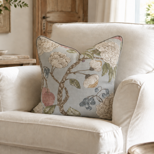 A cream-colored upholstered armchair in a bright, modern living room setting, styled with a square decorative throw pillow featuring a botanical pattern on a light blue-gray background.