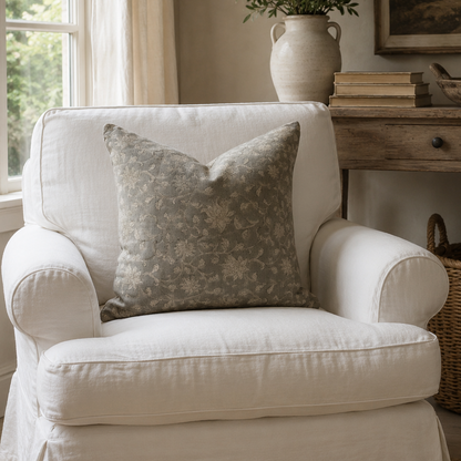 Mia Sage Grey Floral Block Print Linen Cushion 50cm x 50cm