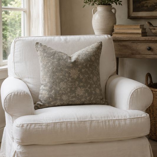 Mia Sage Grey Floral Block Print Linen Cushion 50cm x 50cm