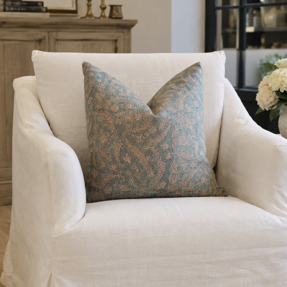 Bailey Soft Blue Floral Block Print Linen Cushion 50cm x 50cm