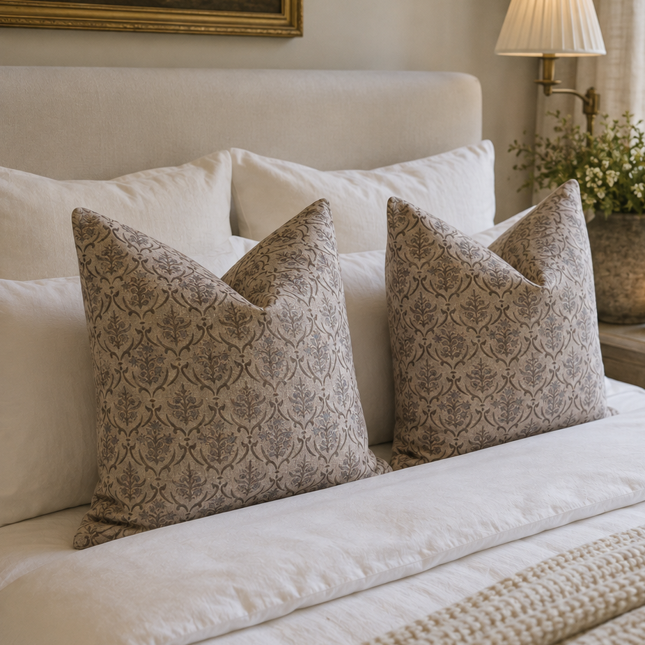 Two square decorative throw pillows with a beige and taupe damask pattern, styled on a white bed with a chunky knit beige blanket in a softly lit bedroom.