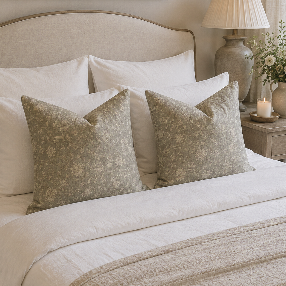 A styled bedroom scene showing a neatly made bed with white bedding, two textured sage green throw pillows, a beige upholstered headboard, a bedside lamp, flowers, and a framed landscape painting on the wall.