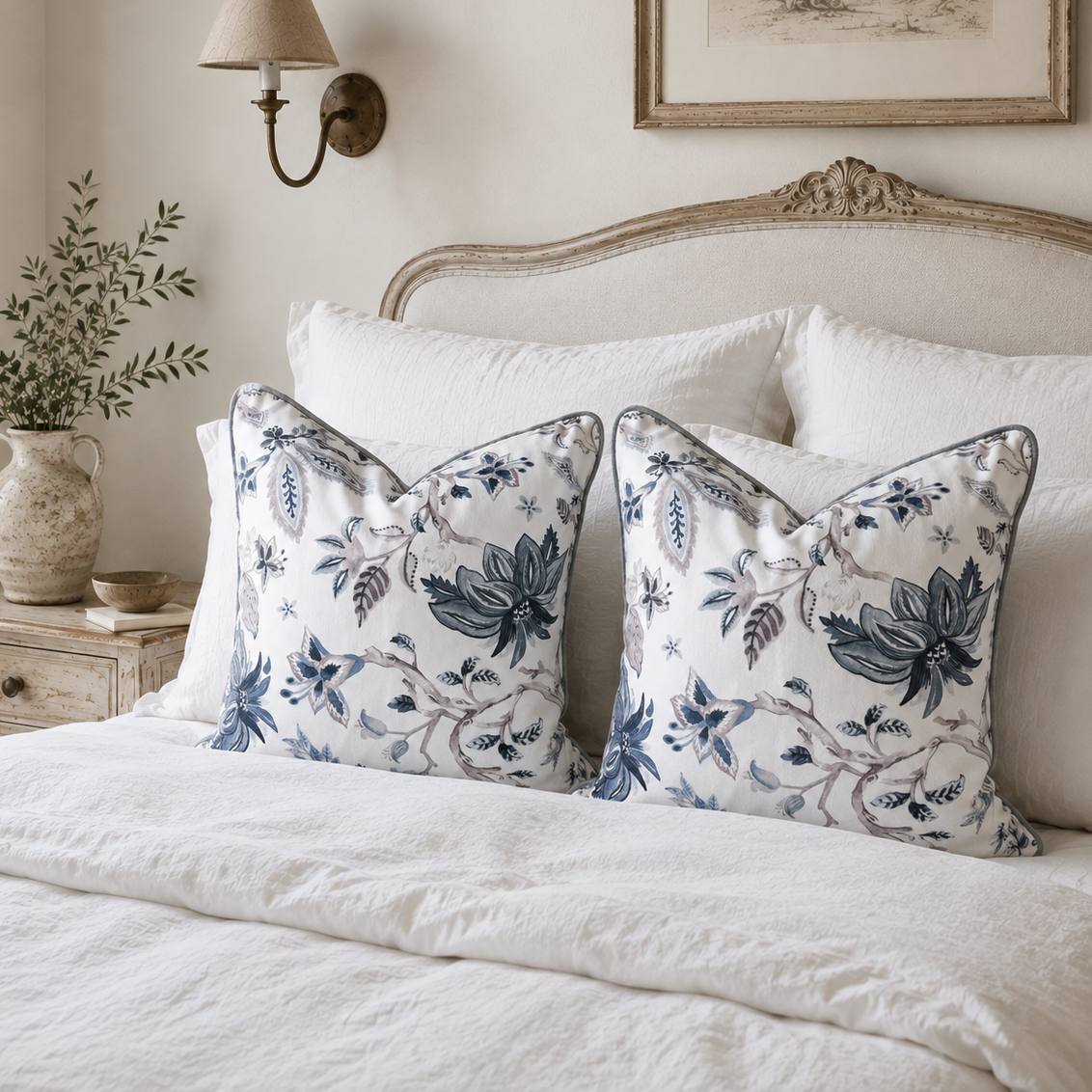 Two decorative square throw pillows with a blue floral and botanical pattern on a white background, styled on a bed with white linens in a softly lit bedroom.